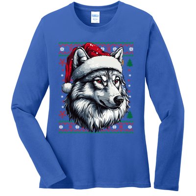 Wolf Santa Hat Ugly Christmas Funny Holiday Wolf Lover Gift Ladies Long Sleeve Shirt