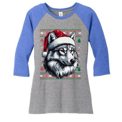 Wolf Santa Hat Ugly Christmas Funny Holiday Wolf Lover Gift Women's Tri-Blend 3/4-Sleeve Raglan Shirt