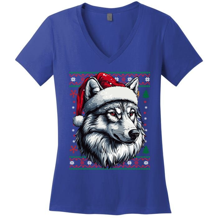 Wolf Santa Hat Ugly Christmas Funny Holiday Wolf Lover Gift Women's V-Neck T-Shirt