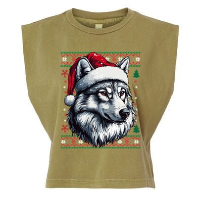 Wolf Santa Hat Ugly Christmas Funny Holiday Wolf Lover Gift Garment-Dyed Women's Muscle Tee