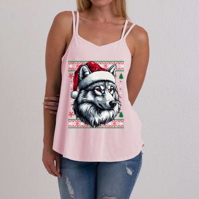 Wolf Santa Hat Ugly Christmas Funny Holiday Wolf Lover Gift Women's Strappy Tank