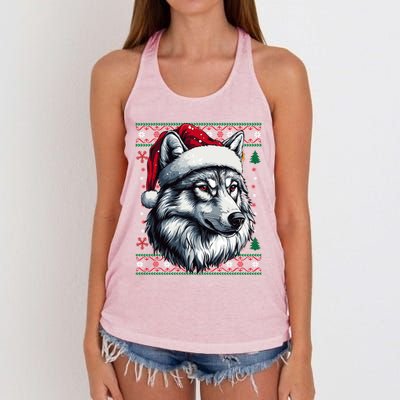 Wolf Santa Hat Ugly Christmas Funny Holiday Wolf Lover Gift Women's Knotted Racerback Tank