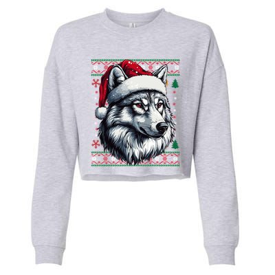 Wolf Santa Hat Ugly Christmas Funny Holiday Wolf Lover Gift Cropped Pullover Crew