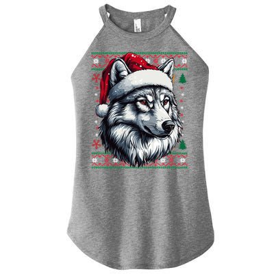 Wolf Santa Hat Ugly Christmas Funny Holiday Wolf Lover Gift Women's Perfect Tri Rocker Tank