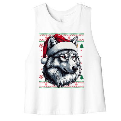 Wolf Santa Hat Ugly Christmas Funny Holiday Wolf Lover Gift Women's Racerback Cropped Tank