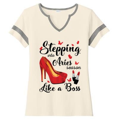 Womens Stepping Into Aries Season Like A Boss Zodiac Birthday Ladies Halftime Notch Neck Tee