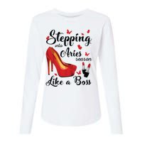 Womens Stepping Into Aries Season Like A Boss Zodiac Birthday Womens Cotton Relaxed Long Sleeve T-Shirt