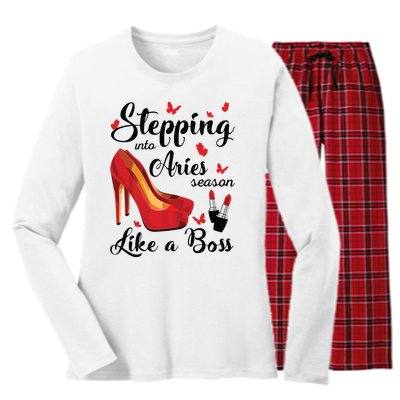 Womens Stepping Into Aries Season Like A Boss Zodiac Birthday Women's Long Sleeve Flannel Pajama Set 