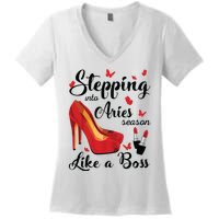 Womens Stepping Into Aries Season Like A Boss Zodiac Birthday Women's V-Neck T-Shirt