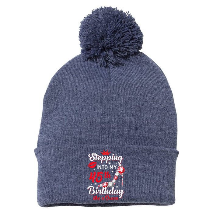 Wo Stepping Into My 45th Birthday Like a Queen, Funny Gift Pom Pom 12in Knit Beanie