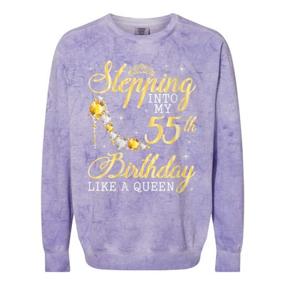 Wo Stepping Into My 55th Birthday Like A Queen Happy 55 Years Colorblast Crewneck Sweatshirt