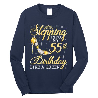 Wo Stepping Into My 55th Birthday Like A Queen Happy 55 Years Long Sleeve Shirt