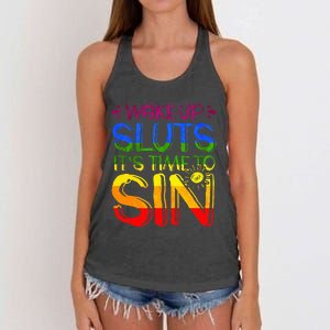 Wakeup Sluts It S Time To Sin Lgbtq Lgbt Gay Women's Knotted Racerback Tank