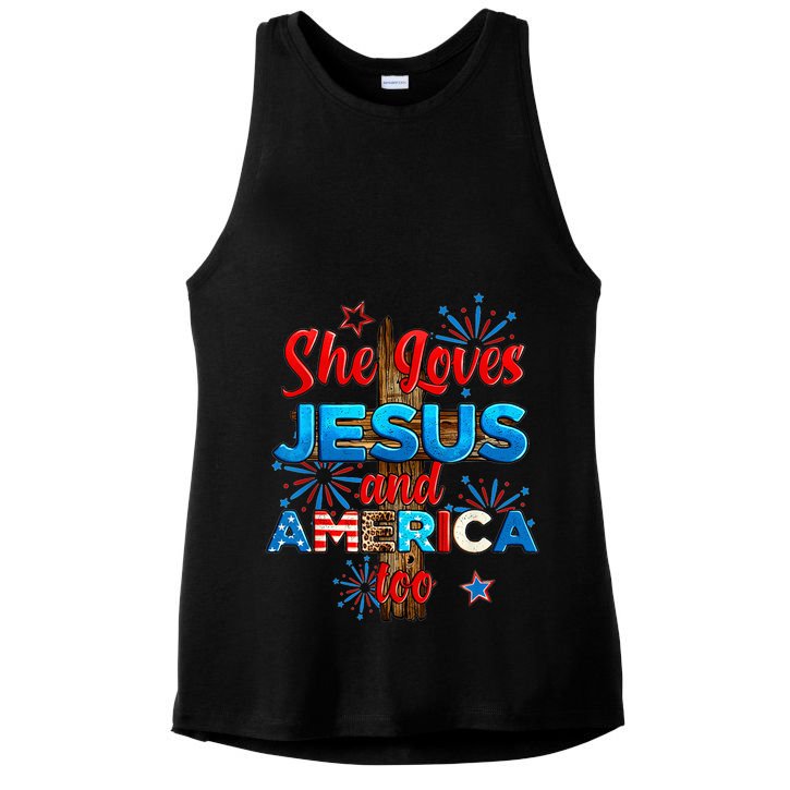Wo She Loves Jesus and America too American Flag Ladies PosiCharge Tri-Blend Wicking Tank