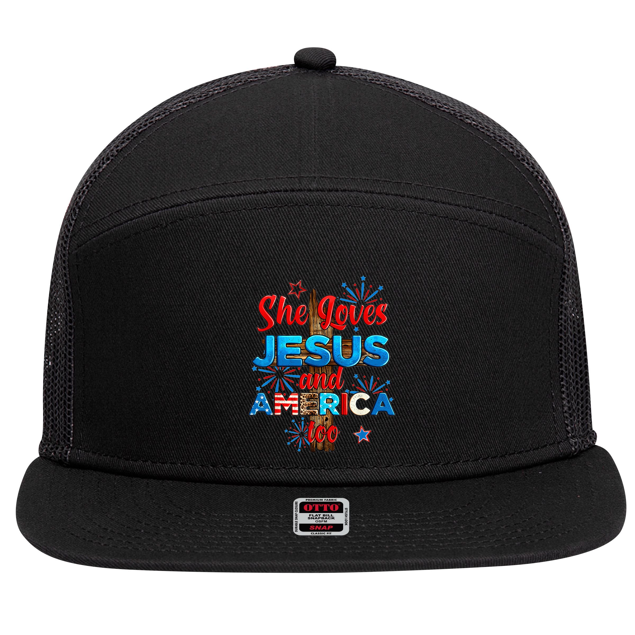 Wo She Loves Jesus and America too American Flag 7 Panel Mesh Trucker Snapback Hat