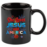 Wo She Loves Jesus and America too American Flag 11oz C Handle Ceramic Mug