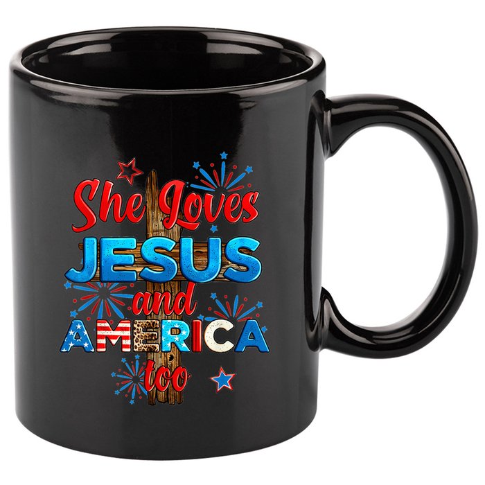 Wo She Loves Jesus and America too American Flag 11oz C Handle Ceramic Mug