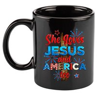 Wo She Loves Jesus and America too American Flag 11oz C Handle Ceramic Mug