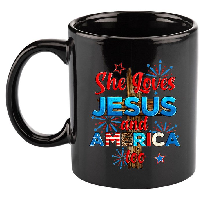 Wo She Loves Jesus and America too American Flag 11oz C Handle Ceramic Mug