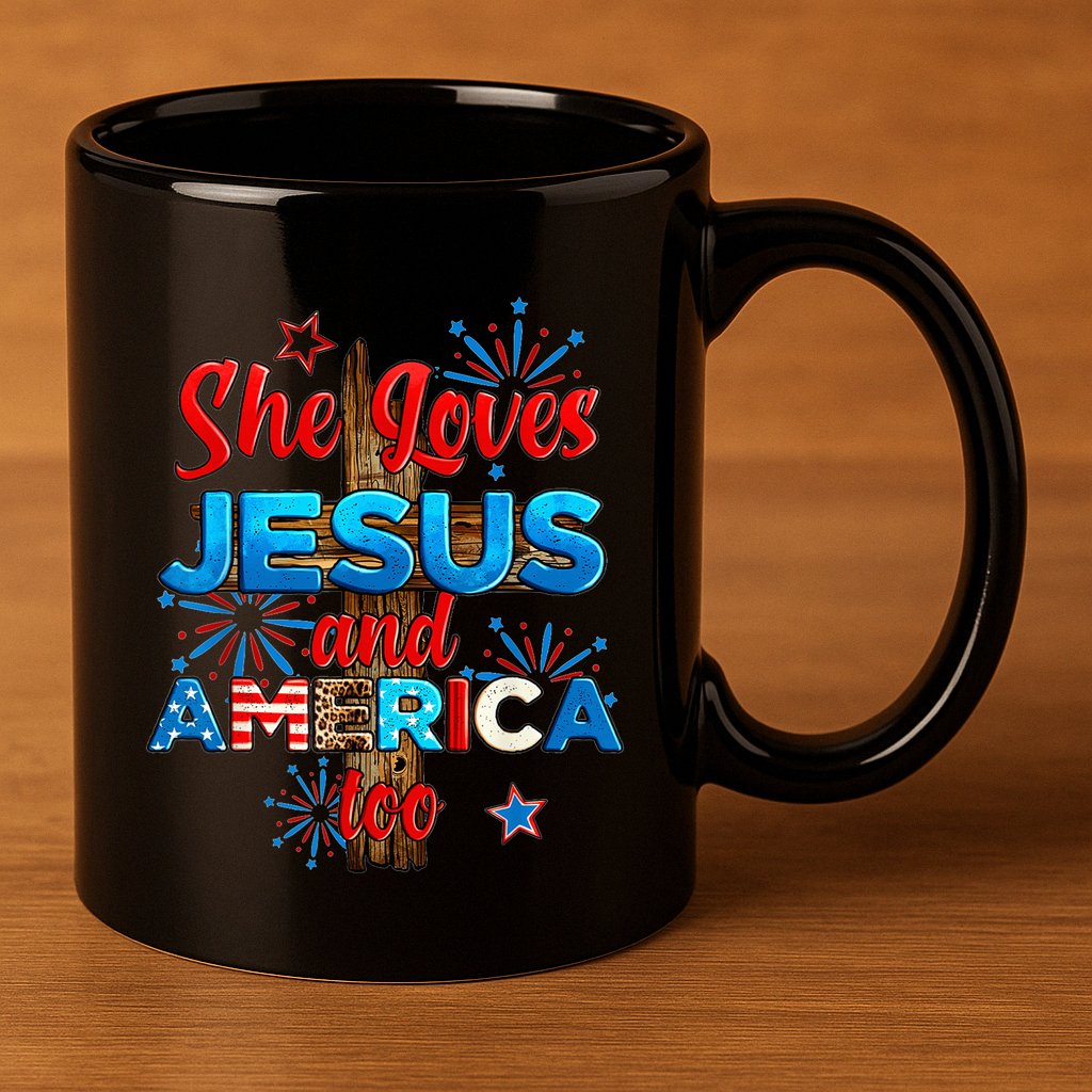 Wo She Loves Jesus and America too American Flag 11oz C Handle Ceramic Mug