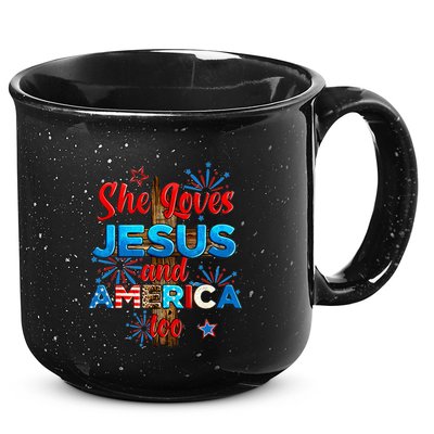 Wo She Loves Jesus and America too American Flag 15oz Campfire Ceramic Mug