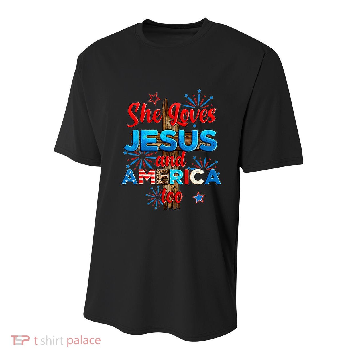Wo She Loves Jesus and America too American Flag Youth Performance Sprint T-Shirt