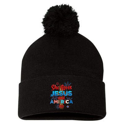 Wo She Loves Jesus and America too American Flag Pom Pom 12in Knit Beanie