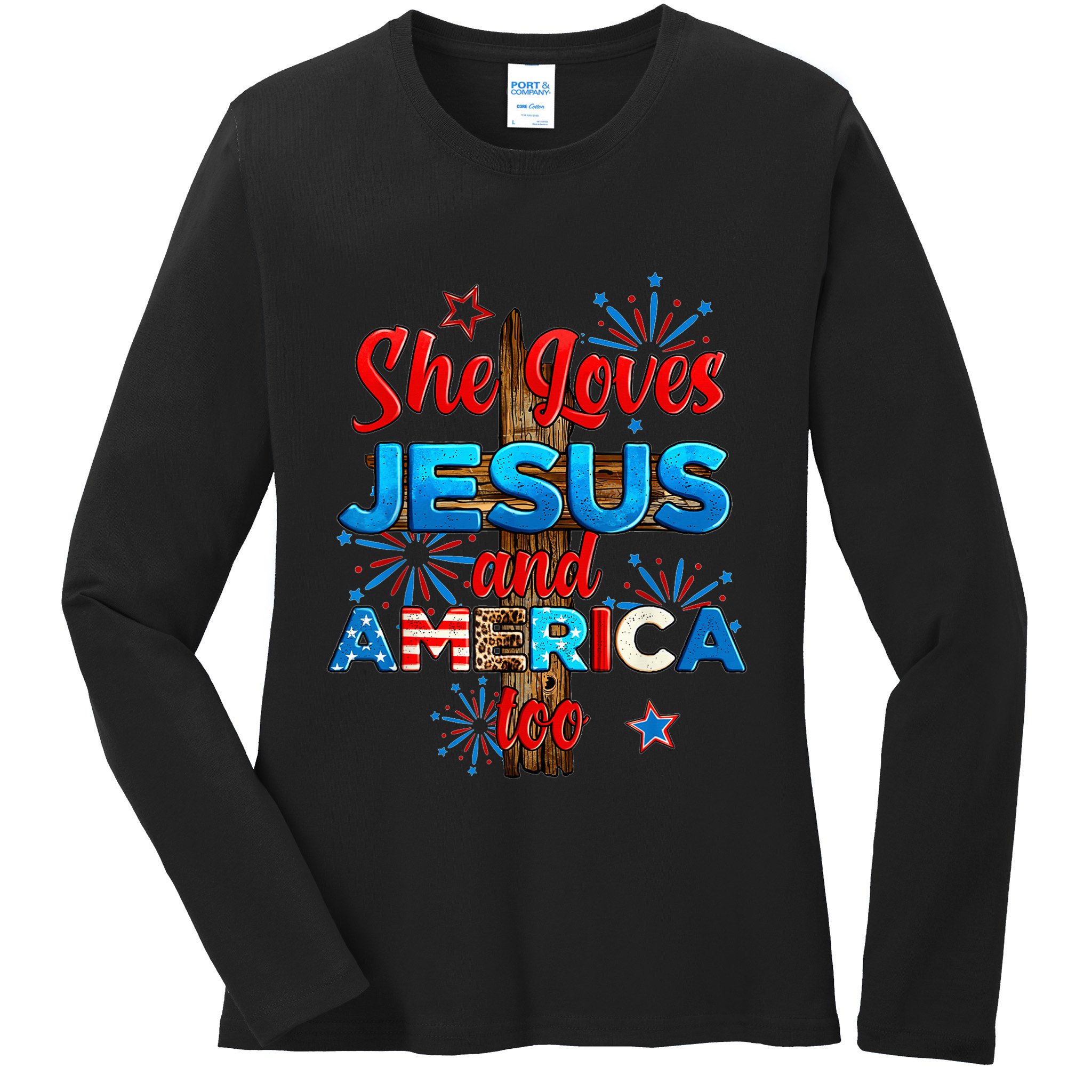 Wo She Loves Jesus and America too American Flag Ladies Long Sleeve Shirt