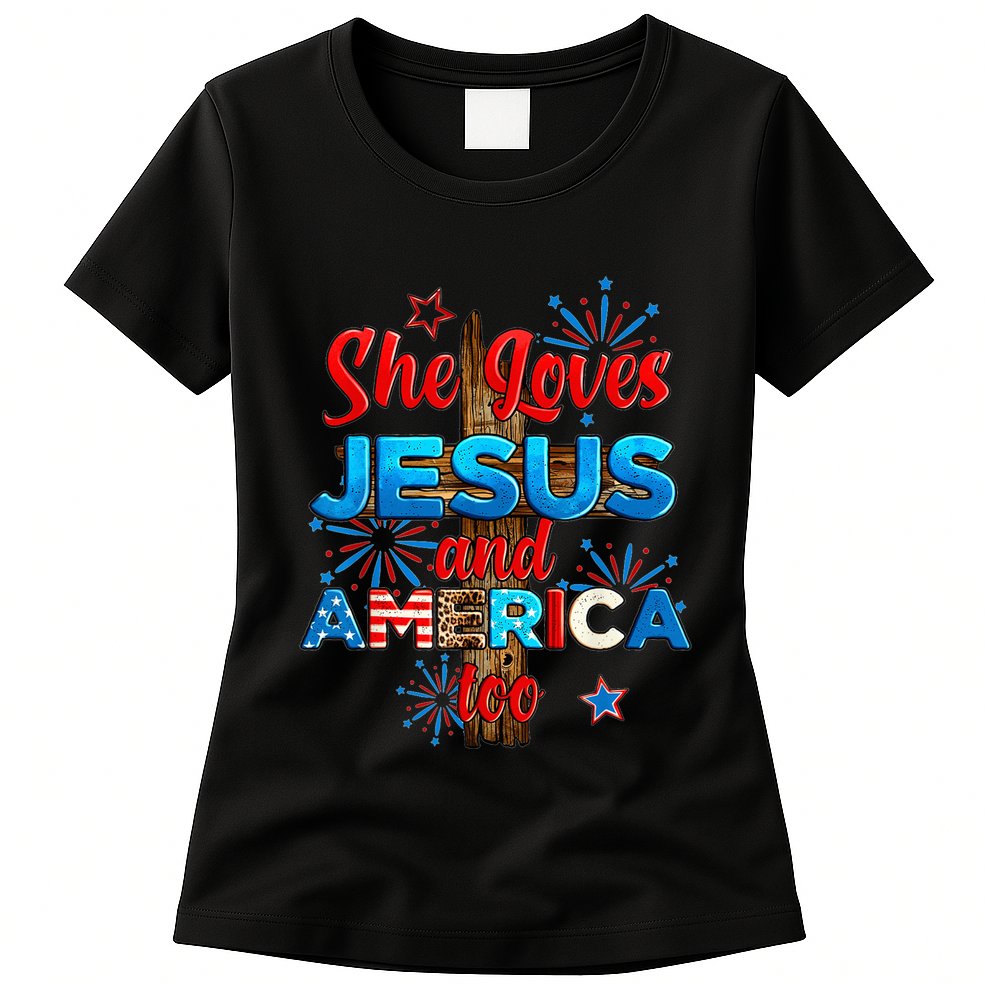 Wo She Loves Jesus and America too American Flag Womens T-Shirt