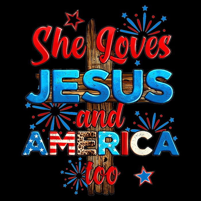 Wo She Loves Jesus and America too American Flag Womens T-Shirt