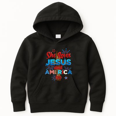 Wo She Loves Jesus and America too American Flag Kids Hoodie
