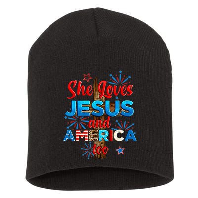 Wo She Loves Jesus and America too American Flag Short Acrylic Beanie