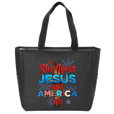 Wo She Loves Jesus and America too American Flag Zip Tote Bag