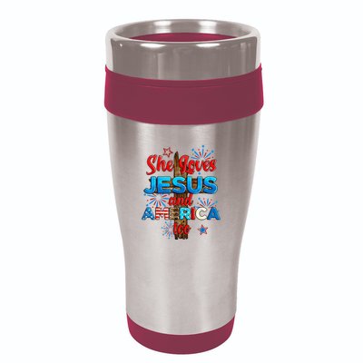Wo She Loves Jesus and America too American Flag 16oz Travel Tumbler