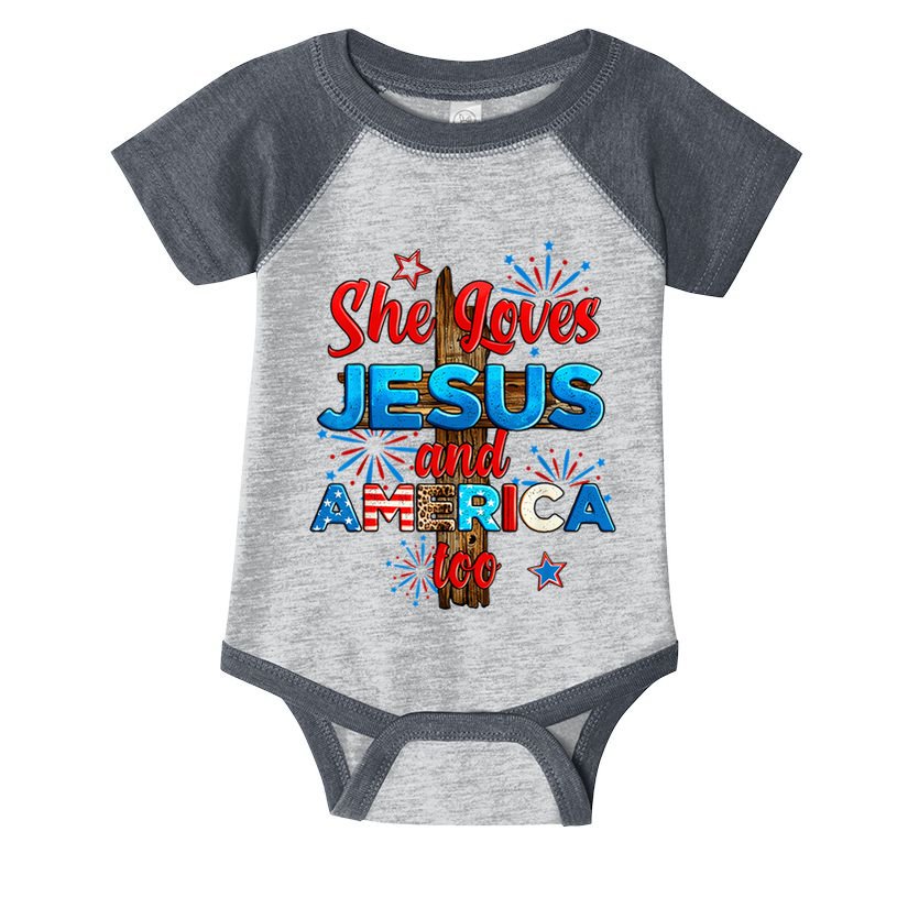 Wo She Loves Jesus and America too American Flag Infant Baby Jersey Bodysuit