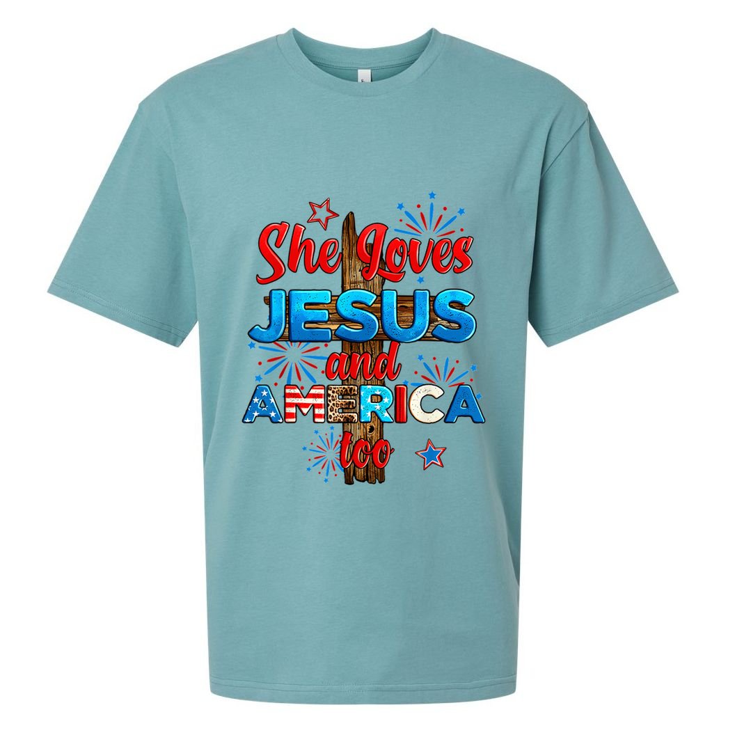 Wo She Loves Jesus and America too American Flag Sueded Cloud Jersey T-Shirt