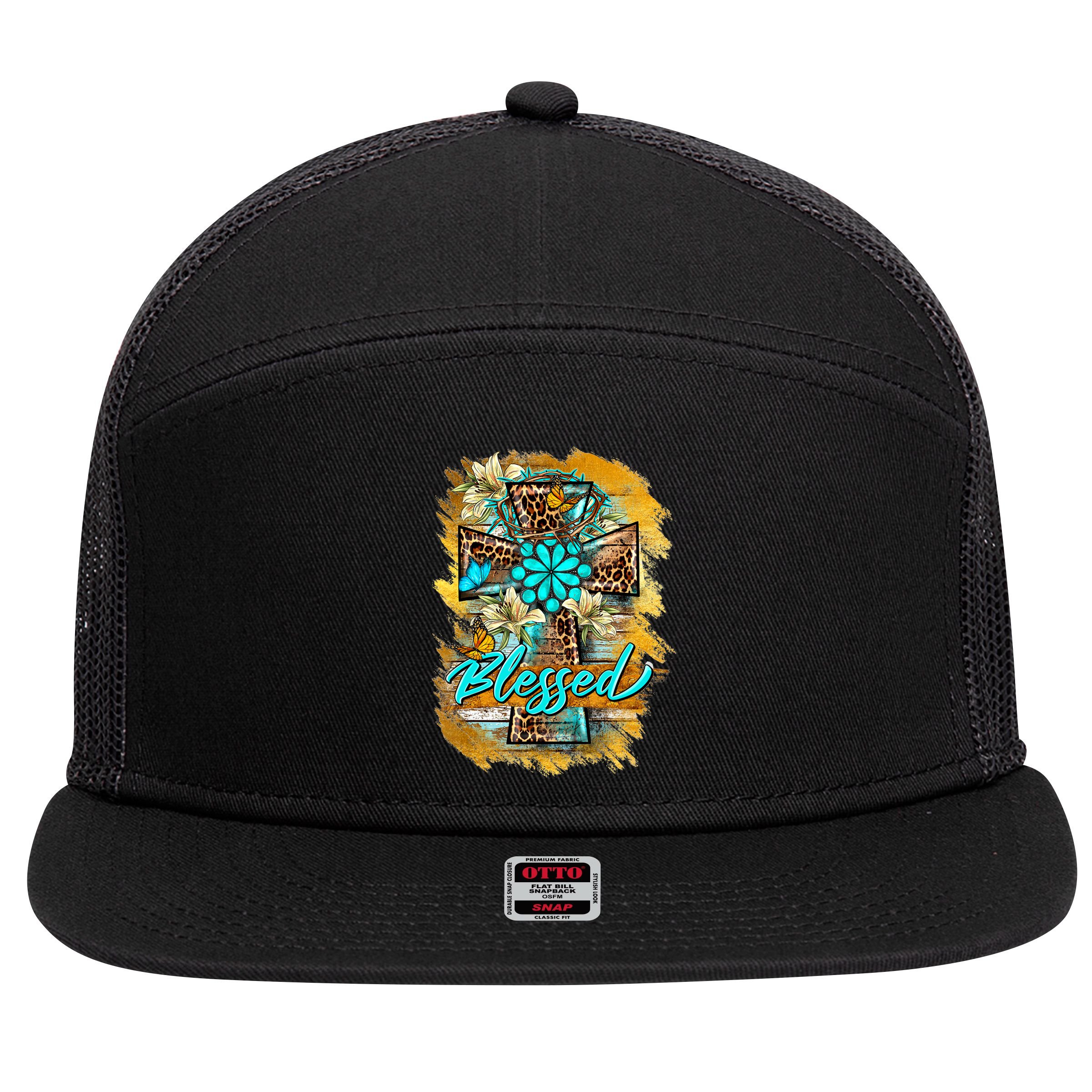 Western Sunflowers Leopard Cross Blessed Jesus Christian 7 Panel Mesh Trucker Snapback Hat