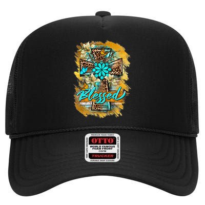 Western Sunflowers Leopard Cross Blessed Jesus Christian High Crown Mesh Back Trucker Hat