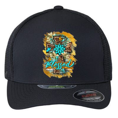 Western Sunflowers Leopard Cross Blessed Jesus Christian Flexfit Unipanel Trucker Cap