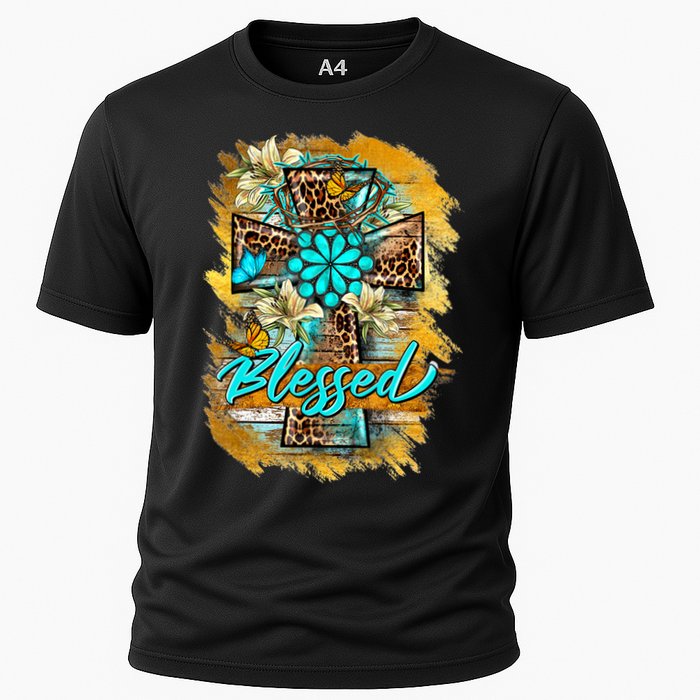 Western Sunflowers Leopard Cross Blessed Jesus Christian Cooling Performance Crew T-Shirt