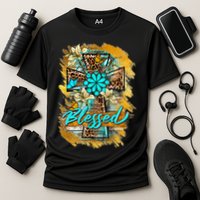 Western Sunflowers Leopard Cross Blessed Jesus Christian Cooling Performance Crew T-Shirt
