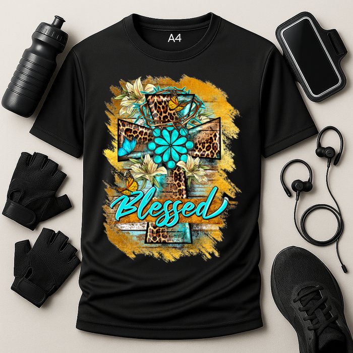 Western Sunflowers Leopard Cross Blessed Jesus Christian Cooling Performance Crew T-Shirt