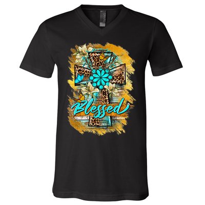 Western Sunflowers Leopard Cross Blessed Jesus Christian V-Neck T-Shirt