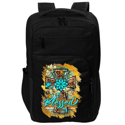 Western Sunflowers Leopard Cross Blessed Jesus Christian Impact Tech Backpack