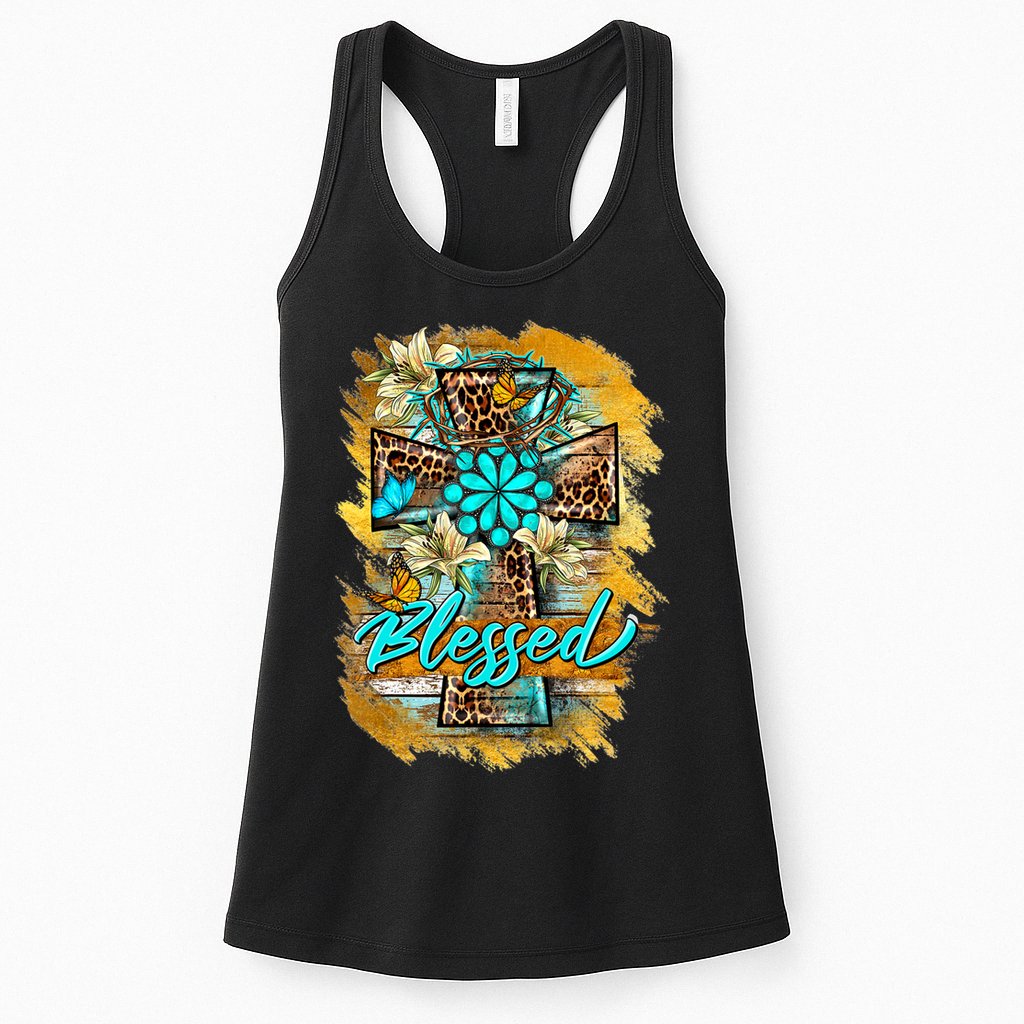 Western Sunflowers Leopard Cross Blessed Jesus Christian Womens Tank Top