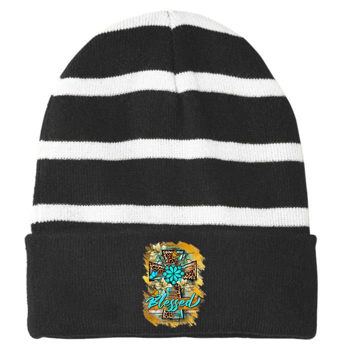 Western Sunflowers Leopard Cross Blessed Jesus Christian Striped Beanie with Solid Band