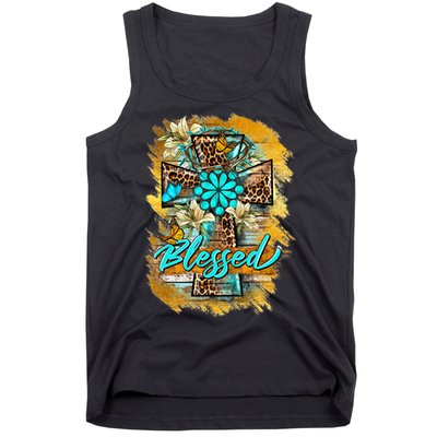 Western Sunflowers Leopard Cross Blessed Jesus Christian Tank Top