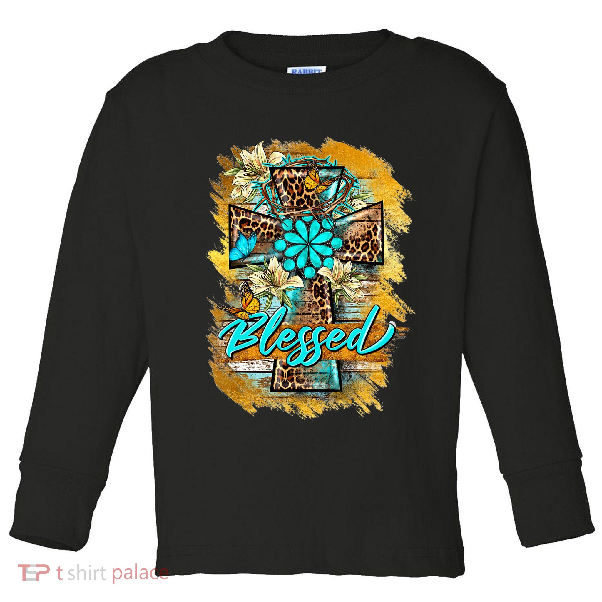 Western Sunflowers Leopard Cross Blessed Jesus Christian Toddler Long Sleeve Shirt