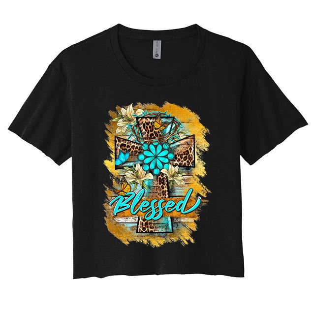 Western Sunflowers Leopard Cross Blessed Jesus Christian Crop Top