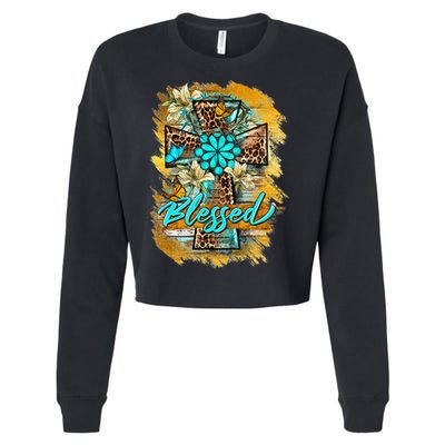 Western Sunflowers Leopard Cross Blessed Jesus Christian Cropped Pullover Crew